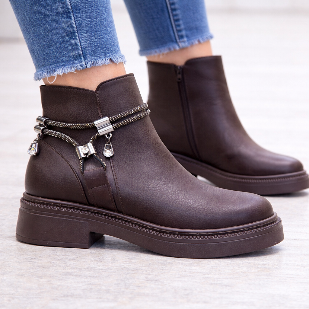 Kahverengi Taş Detaylı Kadın Bilek Botu Kalın Taban Yuvarlak Burun