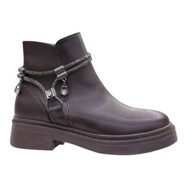 Kahverengi Taş Detaylı Kadın Bilek Botu Kalın Taban Yuvarlak Burun