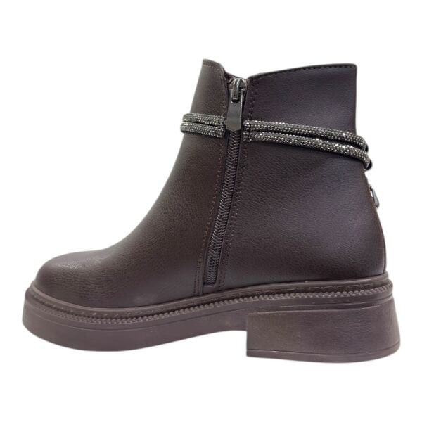 Kahverengi Taş Detaylı Kadın Bilek Botu Kalın Taban Yuvarlak Burun