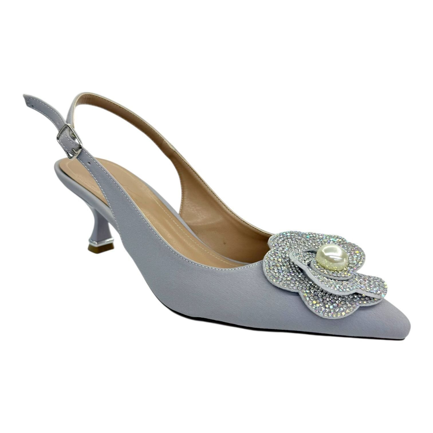 Gümüş Taş Çiçek Detaylı  Topuklu Ayakkabı