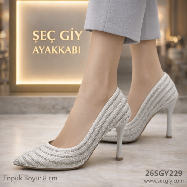 Gümüş Çizgi Taşlı Kadın Stiletto 8 cm Abiye Ayakkabı