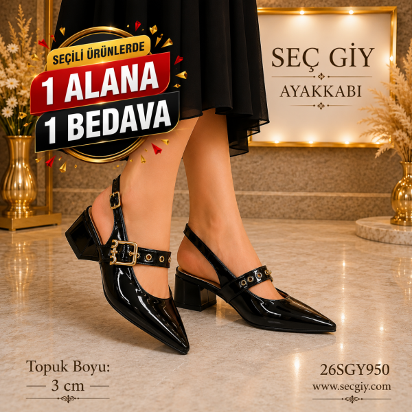 Kadın Siyah Rugan Bilek Bantlı Slingback Stiletto – 3 CM Kısa Topuk Sivri Burun Ayakkabı