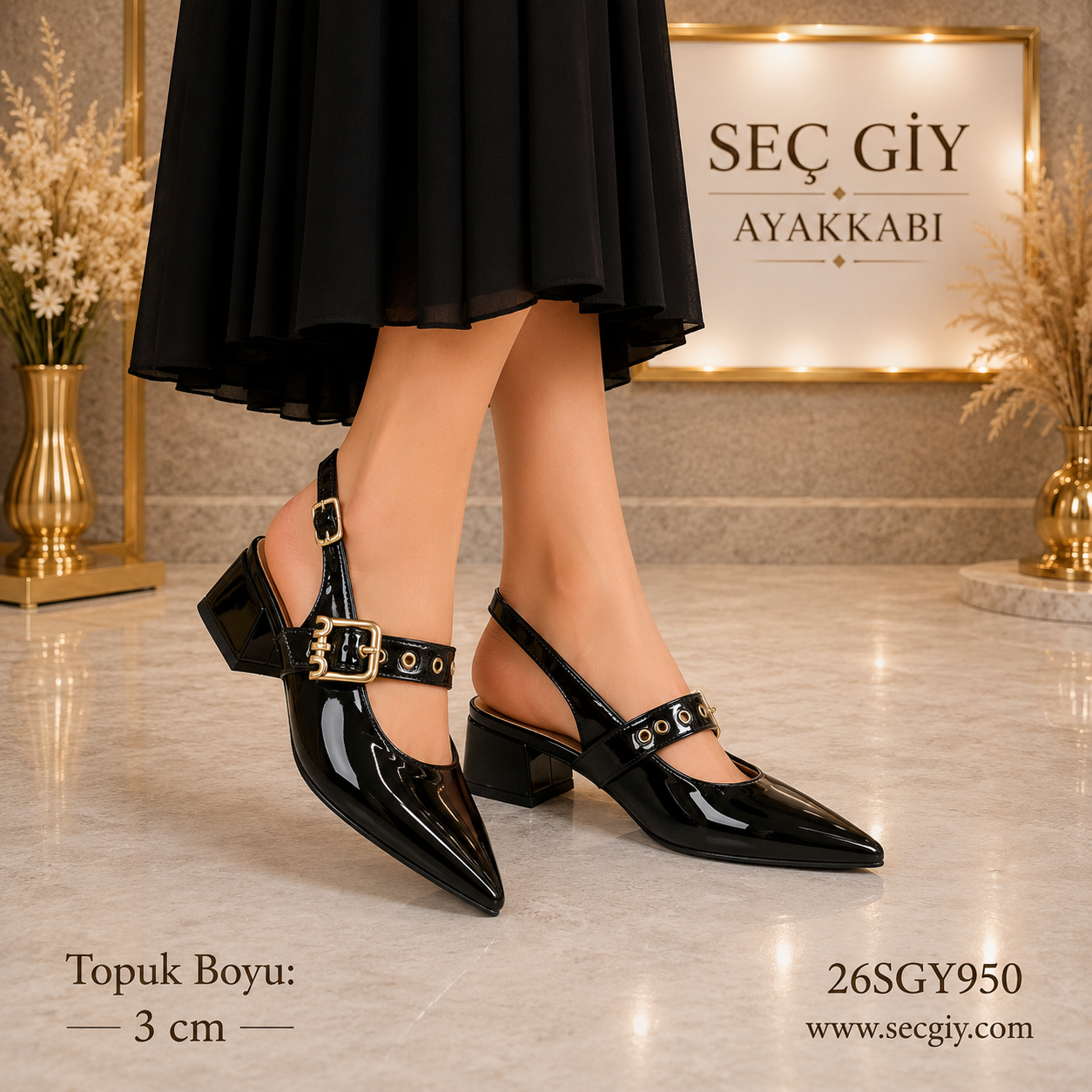 Kadın Siyah Rugan Bilek Bantlı Slingback Stiletto – 3 CM Kısa Topuk Sivri Burun Ayakkabı