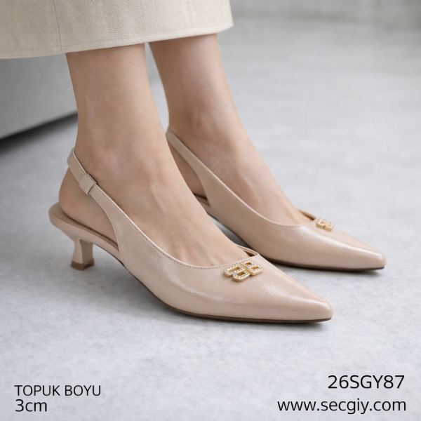 Nude Tokalı Arkası Açık Bayan Topuklu Ayakkabı – 3 cm Rahat Topuk