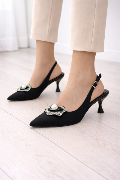 Siyah İnci Taş Çiçekli Slingback Stiletto