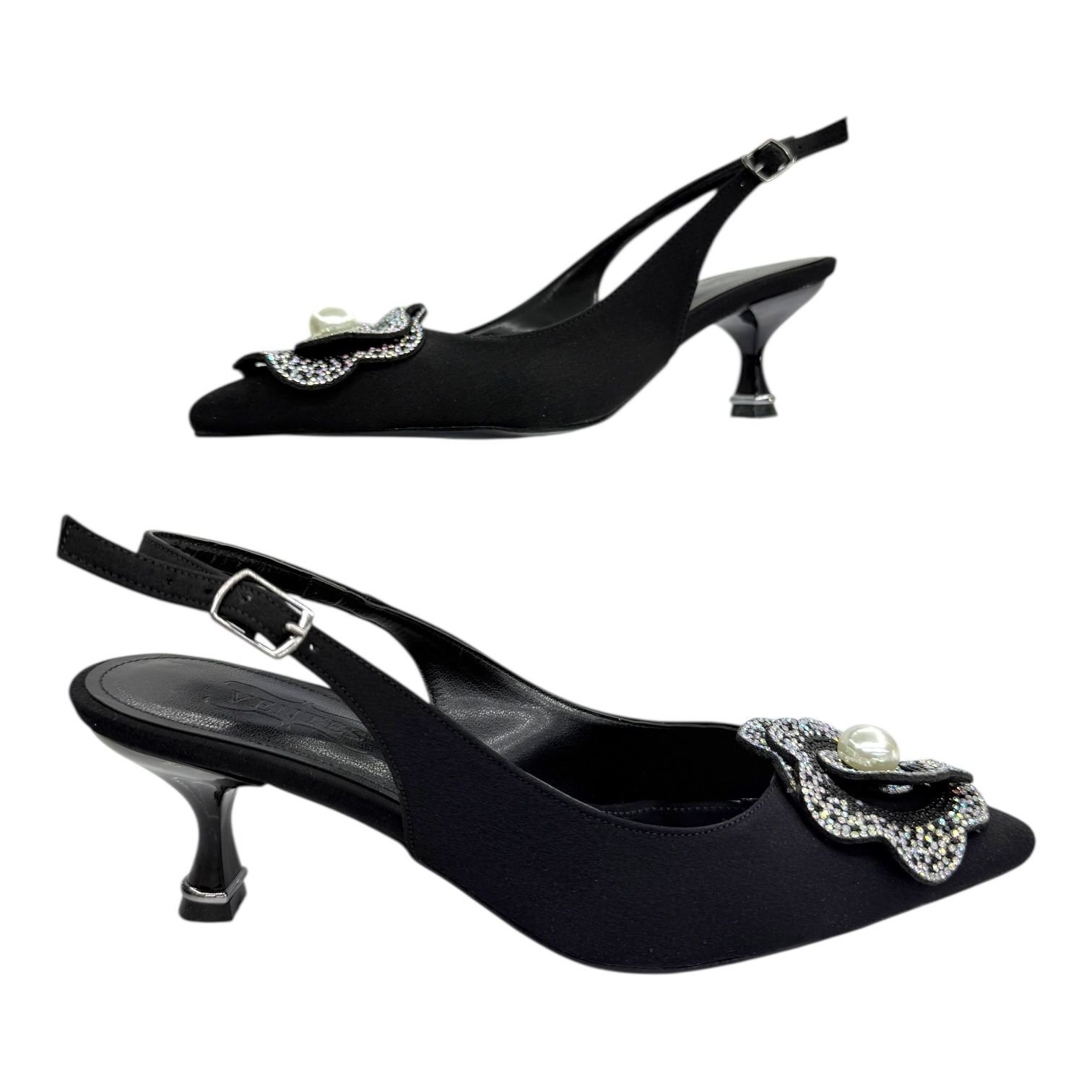 Siyah İnci Taş Çiçekli Slingback Stiletto