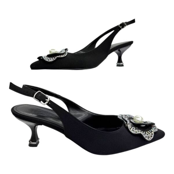 Siyah İnci Taş Çiçekli Slingback Stiletto
