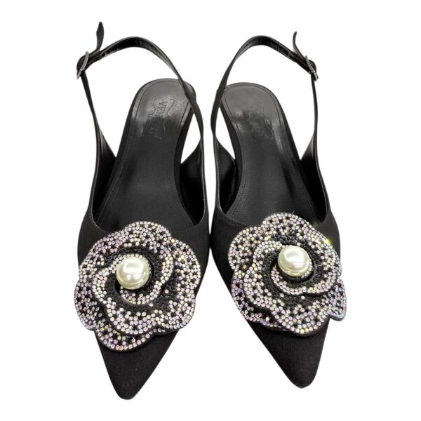 Siyah İnci Taş Çiçekli Slingback Stiletto