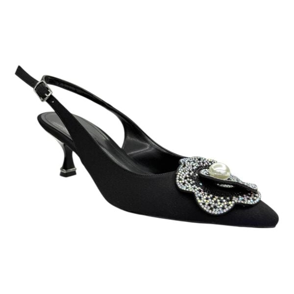 Siyah İnci Taş Çiçekli Slingback Stiletto