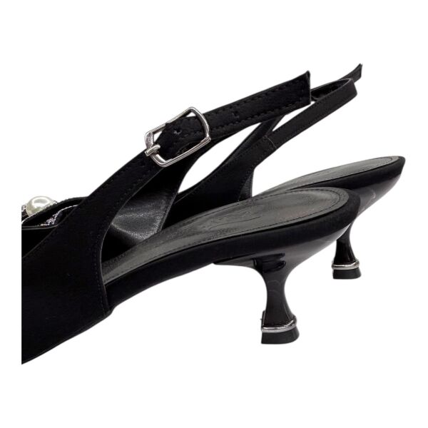 Siyah İnci Taş Çiçekli Slingback Stiletto