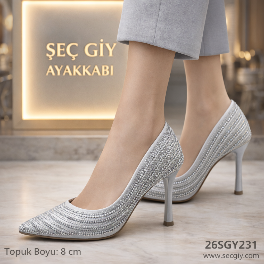 Gümüş Taşlı Kadın Stiletto 8 cm Abiye Ayakkabı
