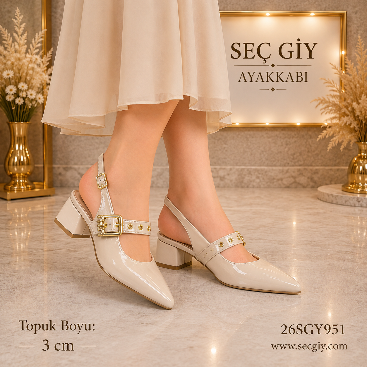 Kadın Krem Rugan Bilek Bantlı Slingback Stiletto – 3 CM Kısa Topuk Sivri Burun Ayakkabı