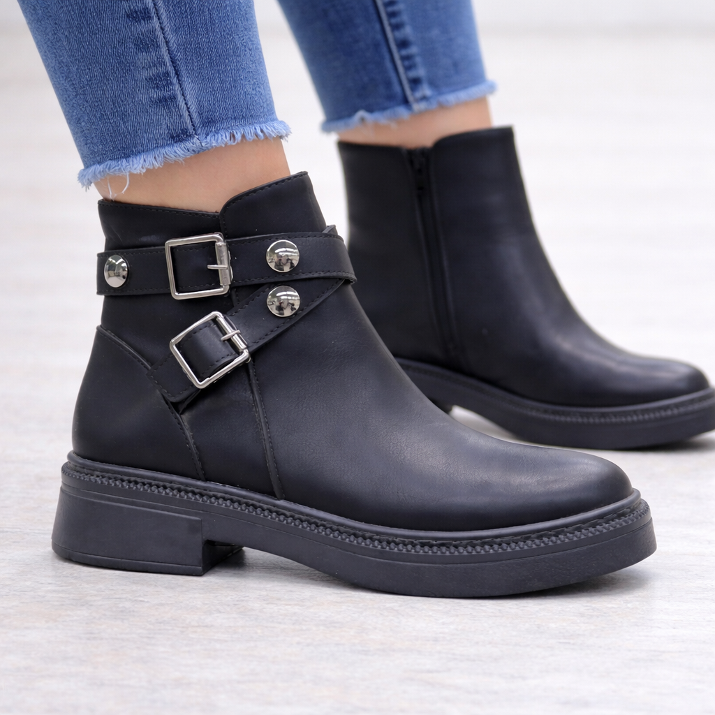 Siyah Tokalı Kadın Bilek Botu Kalın Taban Yuvarlak Burun