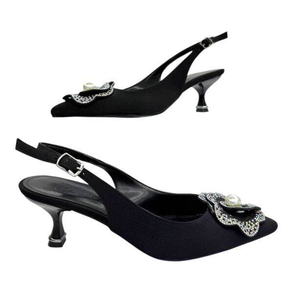 Siyah İnci Taş Çiçekli Slingback Stiletto 40