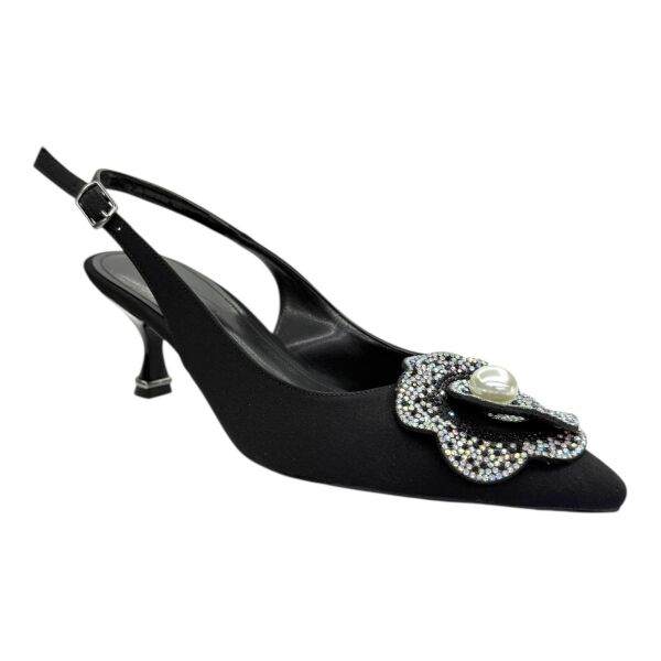 Siyah İnci Taş Çiçekli Slingback Stiletto 40