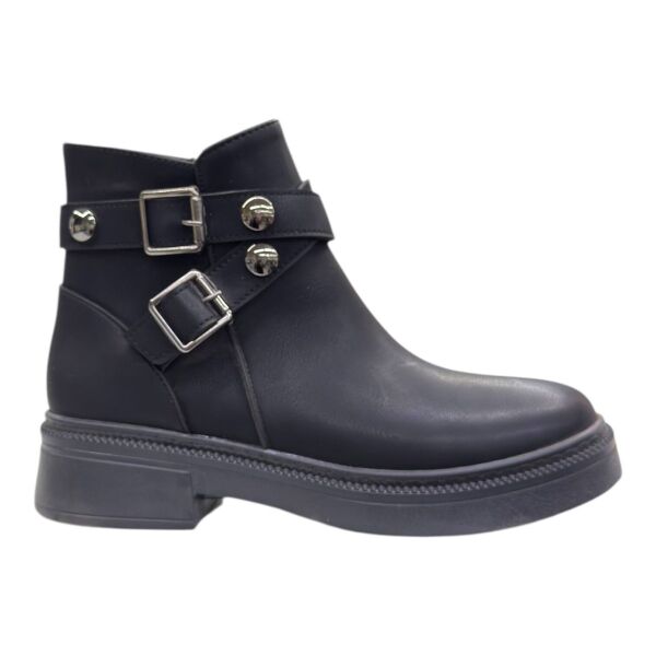 Siyah Tokalı Kadın Bilek Botu Kalın Taban Yuvarlak Burun