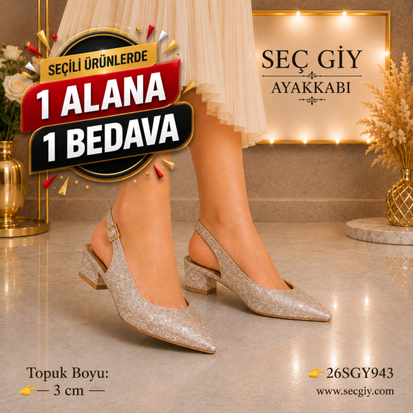 Kadın Gold Simli Slingback Stiletto – 3 CM Kısa Topuk Sivri Burun Şık Ayakkabı