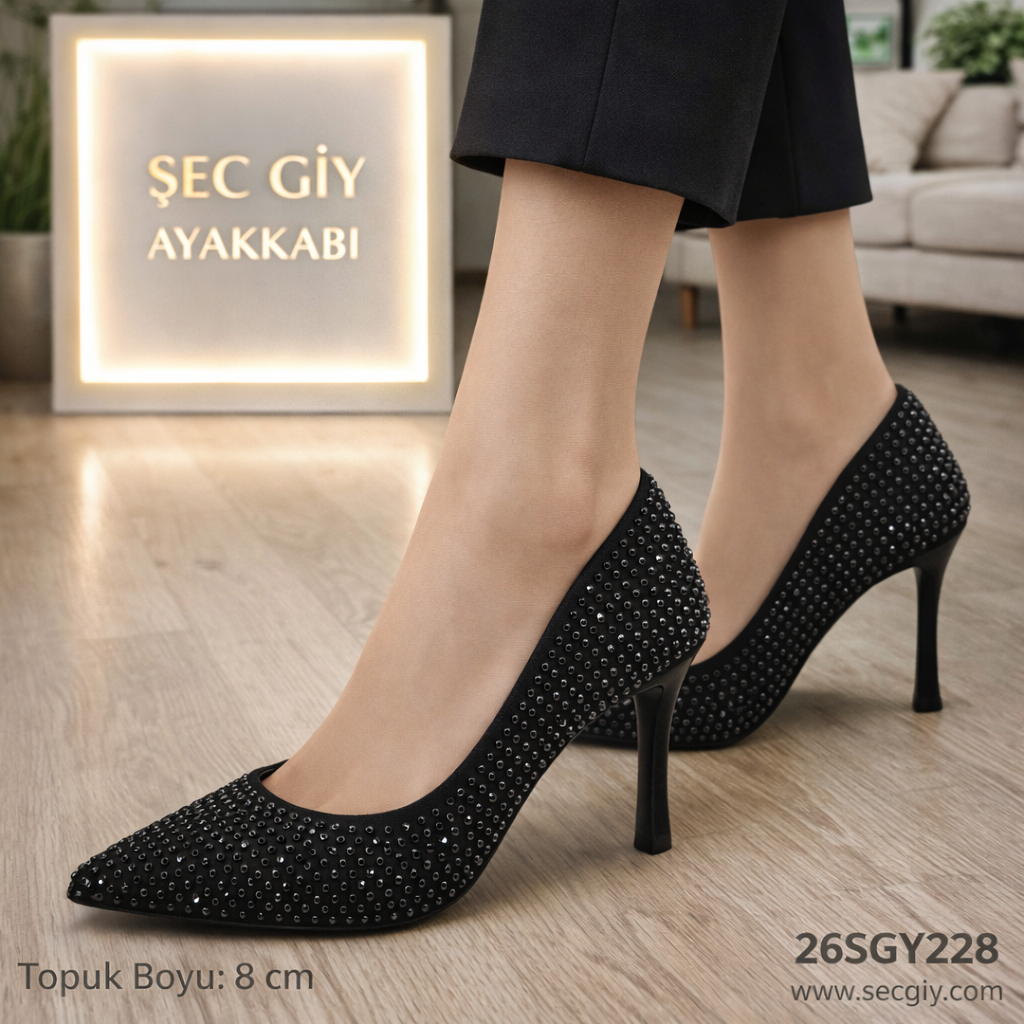 Siyah Taşlı Kadın Stiletto 8 cm Abiye Ayakkabı
