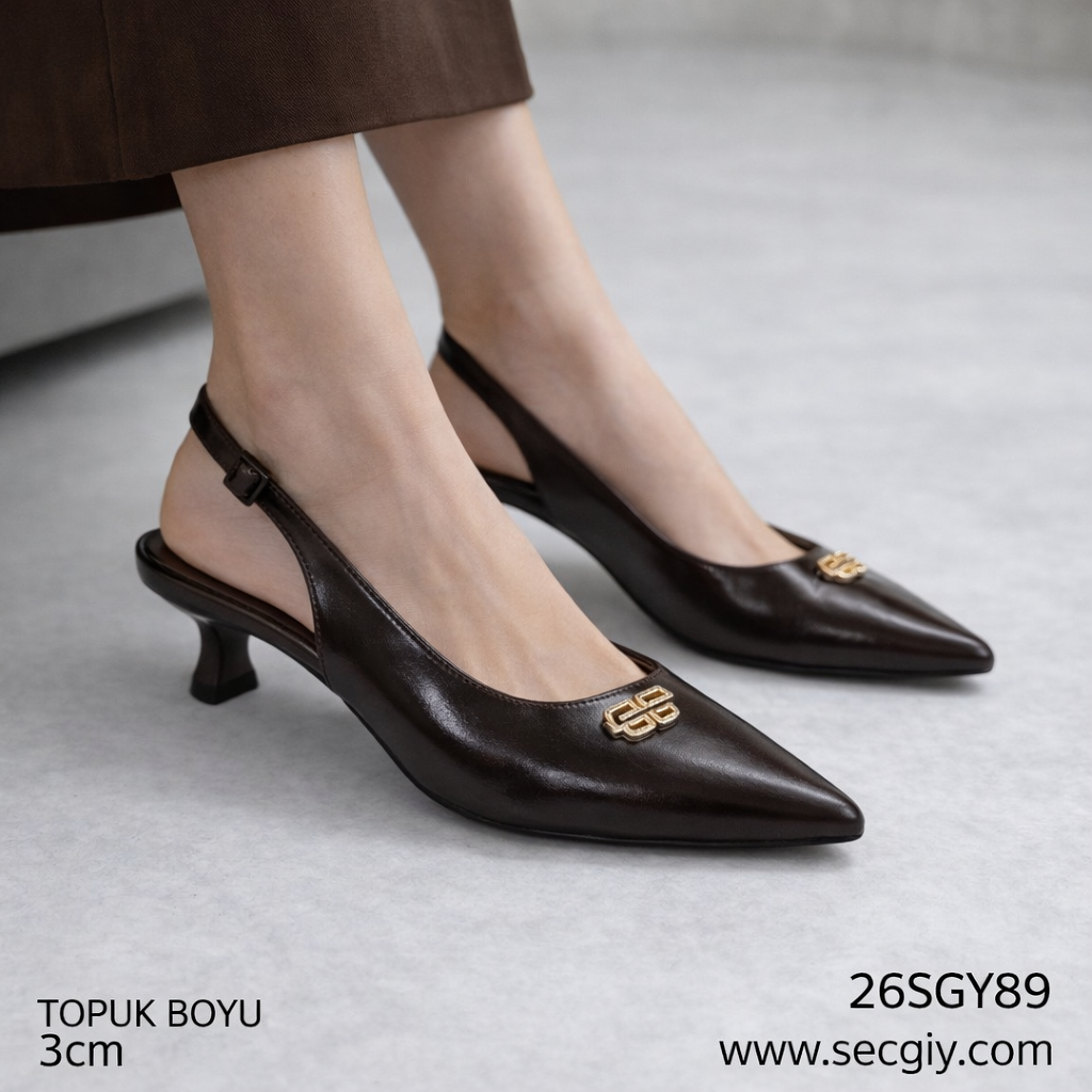 Kahverengi Tokalı Arkası Açık Bayan Topuklu Ayakkabı – 3 cm Rahat Topuk