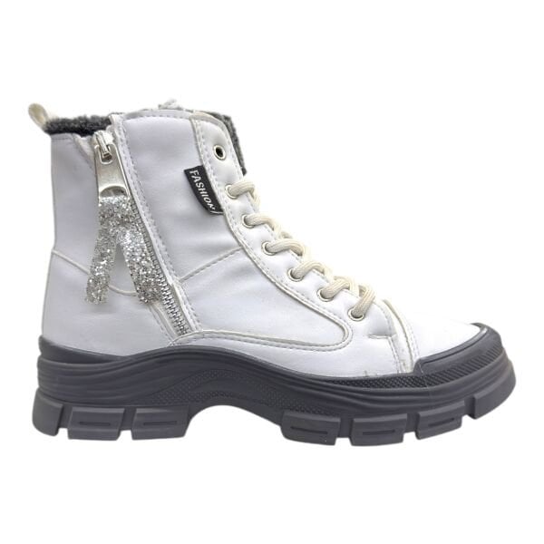 Bağcıklı Fermuarlı Kalın Taban Kadın Bilek Bot – Beyaz