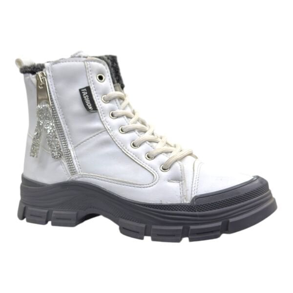 Bağcıklı Fermuarlı Kalın Taban Kadın Bilek Bot – Beyaz