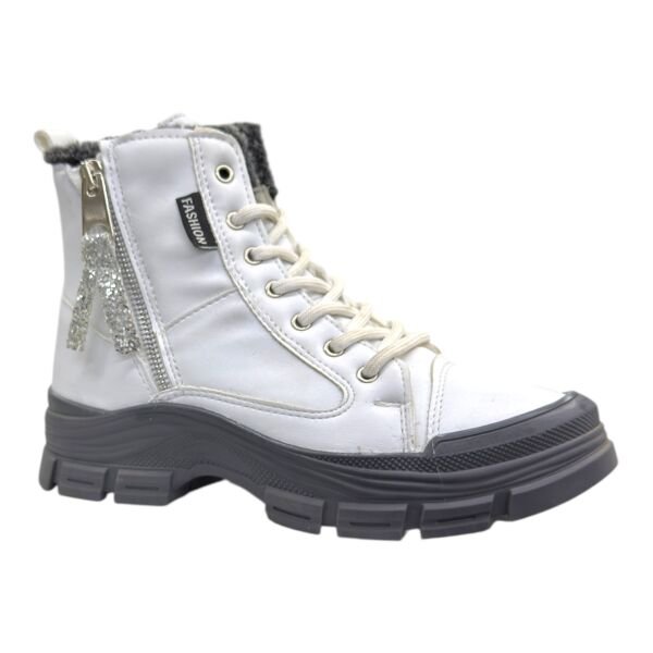 Bağcıklı Fermuarlı Kalın Taban Kadın Bilek Bot – Beyaz