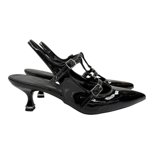 Siyah Rugan T Bantlı Çift Tokalı Topuklu Ayakkabı