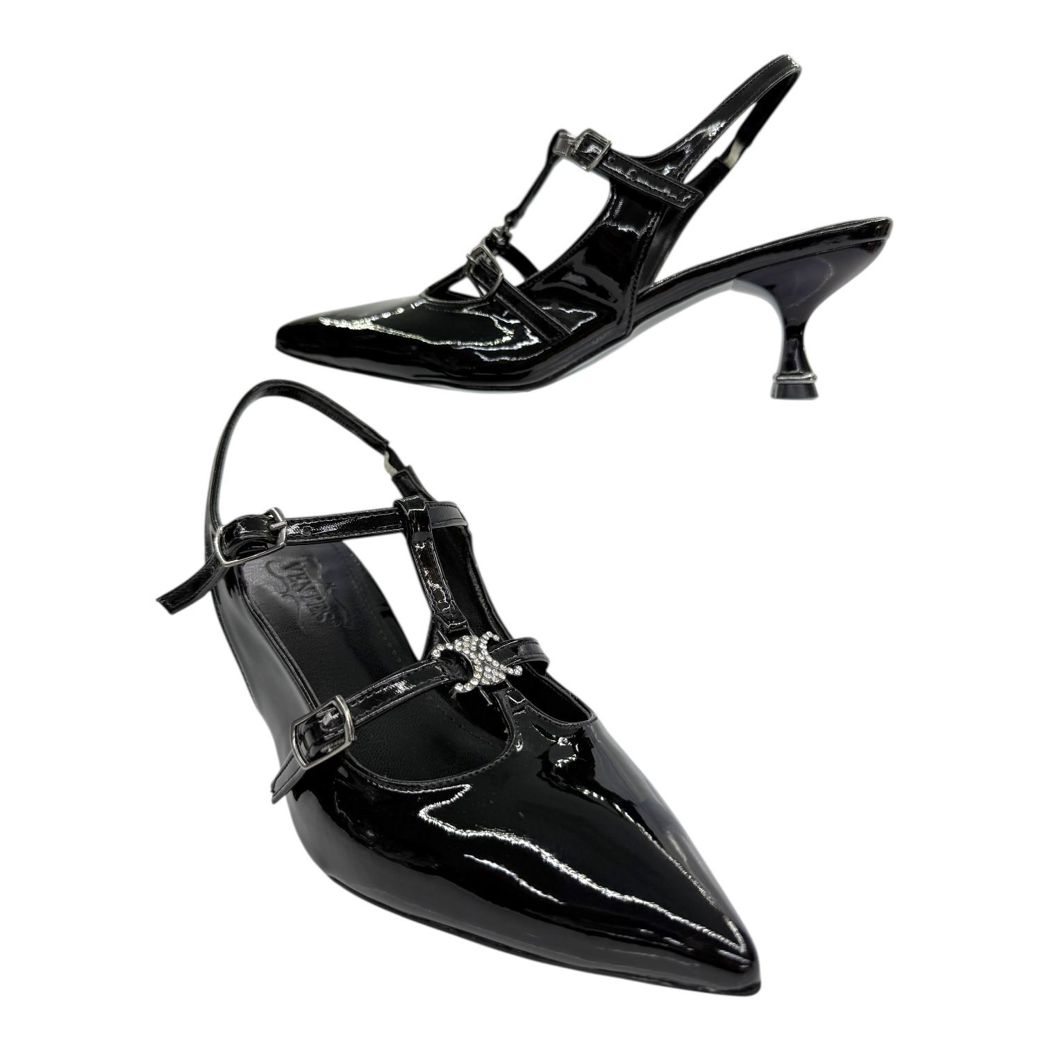 Siyah Rugan T Bantlı Çift Tokalı Topuklu Ayakkabı