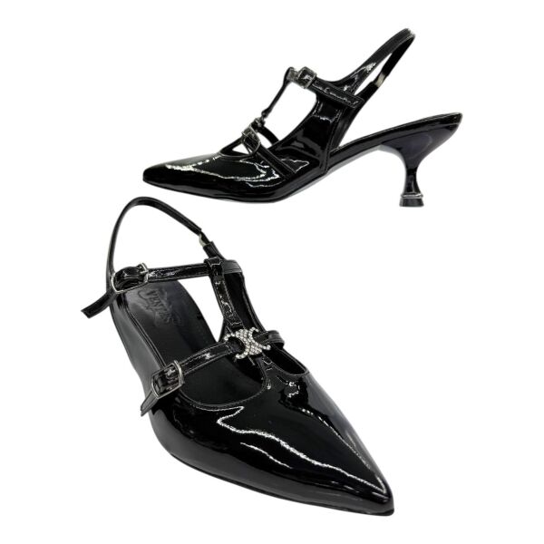 Siyah Rugan T Bantlı Çift Tokalı Topuklu Ayakkabı