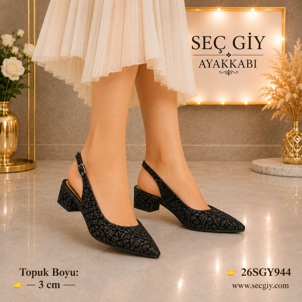 Kadın Siyah Sim Dokulu Slingback Stiletto – 3 CM Kısa Topuk Sivri Burun Şık Ayakkabı