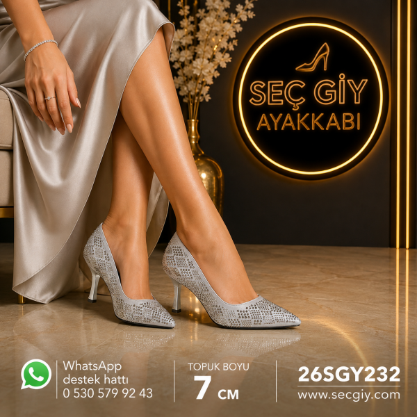 Gümüş Taşlı Kadın Stiletto 7 cm Abiye Ayakkabı