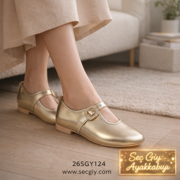 Altın Renk Tokalı Bayan Babet Ayakkabı – Günlük Şık ve Rahat Tasarım