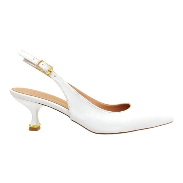 Beyaz Klasik Slingback Stiletto - Altın Tokalı İnce Topuk