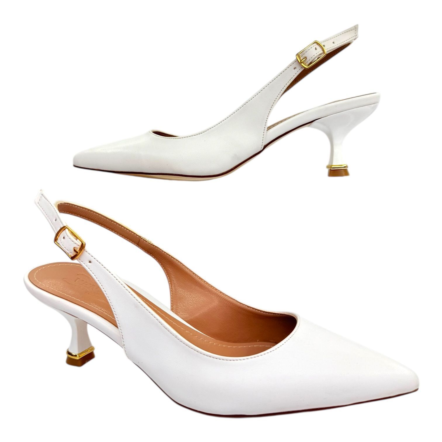 Beyaz Klasik Slingback Stiletto - Altın Tokalı İnce Topuk