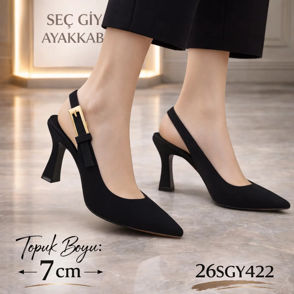 Siyah  Topuklu Ayakkabı – 7 cm Gold Tokalı Şık Model