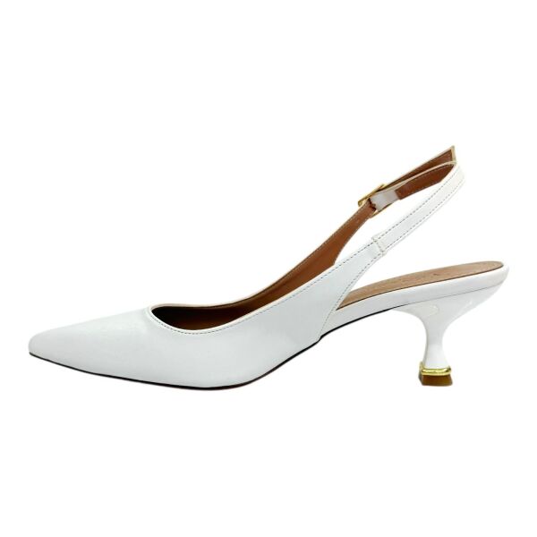 Beyaz Klasik Slingback Stiletto - Altın Tokalı İnce Topuk 39