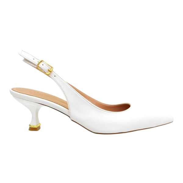 Beyaz Klasik Slingback Stiletto - Altın Tokalı İnce Topuk 40