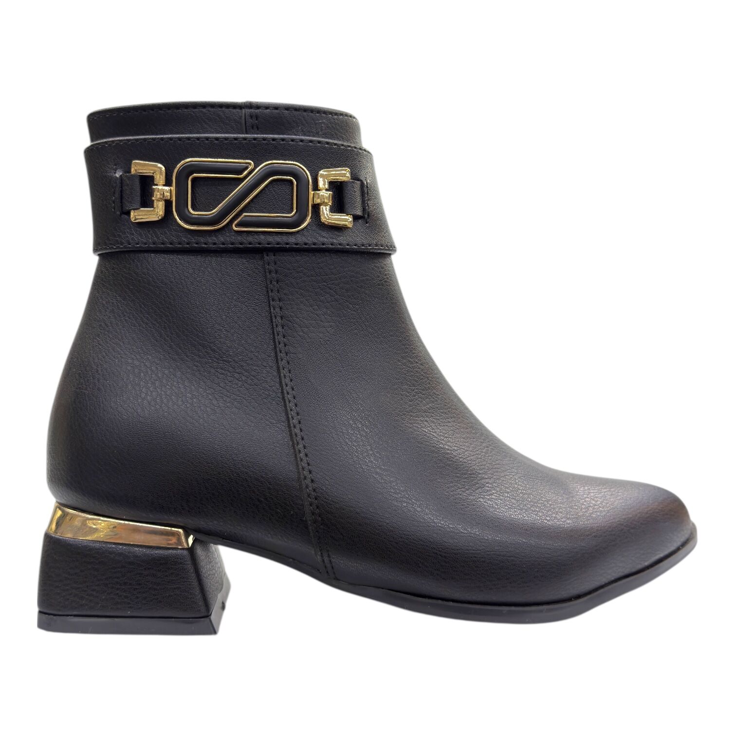 Siyah Altın Tokalı Kadın Bilek Botu Blok Topuk Oval Burun