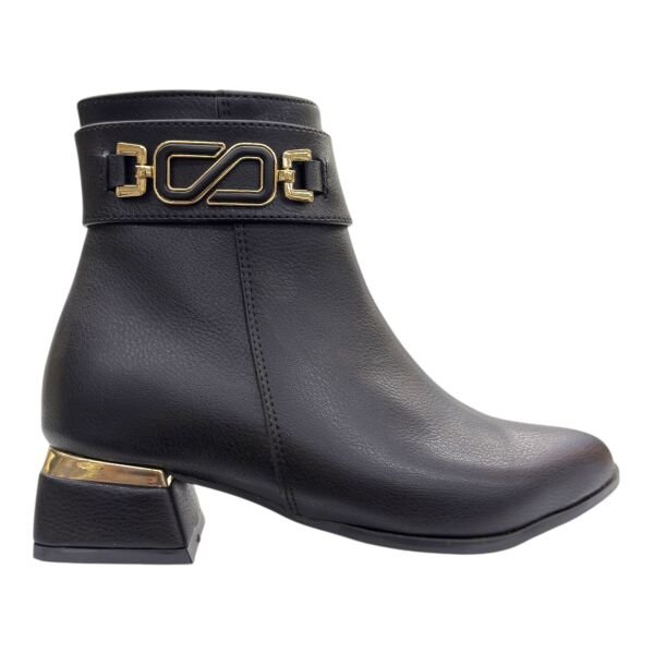 Siyah Altın Tokalı Kadın Bilek Botu Blok Topuk Oval Burun