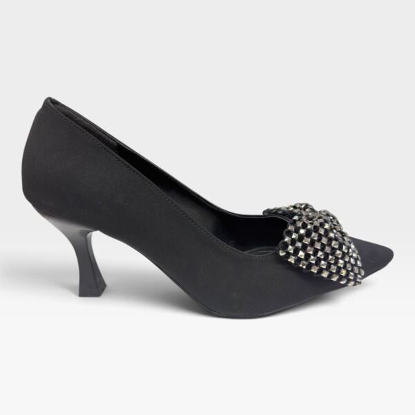 Siyah Taşlı Fiyonk Detaylı Kadın Stiletto 7 cm
