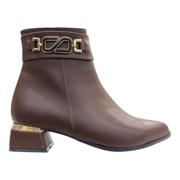 Kahverengi Altın Tokalı Kadın Bilek Botu Blok Topuk Oval Burun