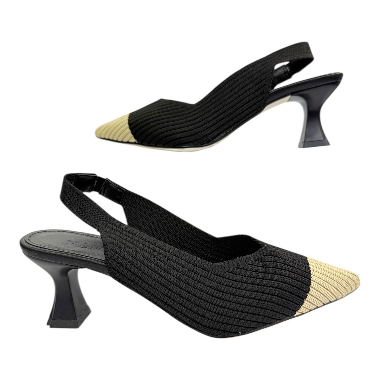 Siyah-Bej Burunlu Örme Slingback Topuklu Ayakkabı