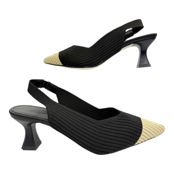 Siyah-Bej Burunlu Örme Slingback Topuklu Ayakkabı