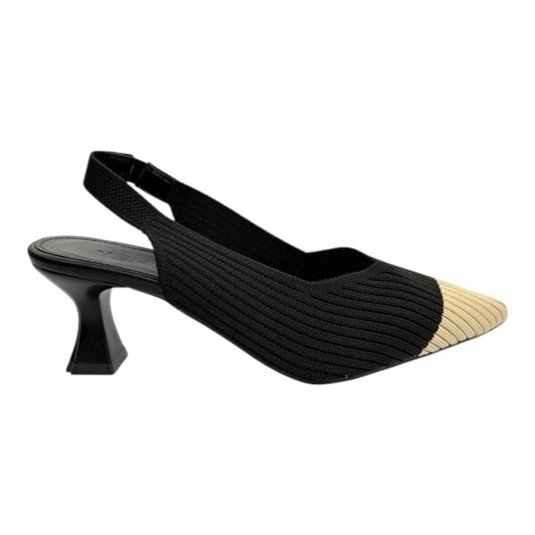 Siyah-Bej Burunlu Örme Slingback Topuklu Ayakkabı