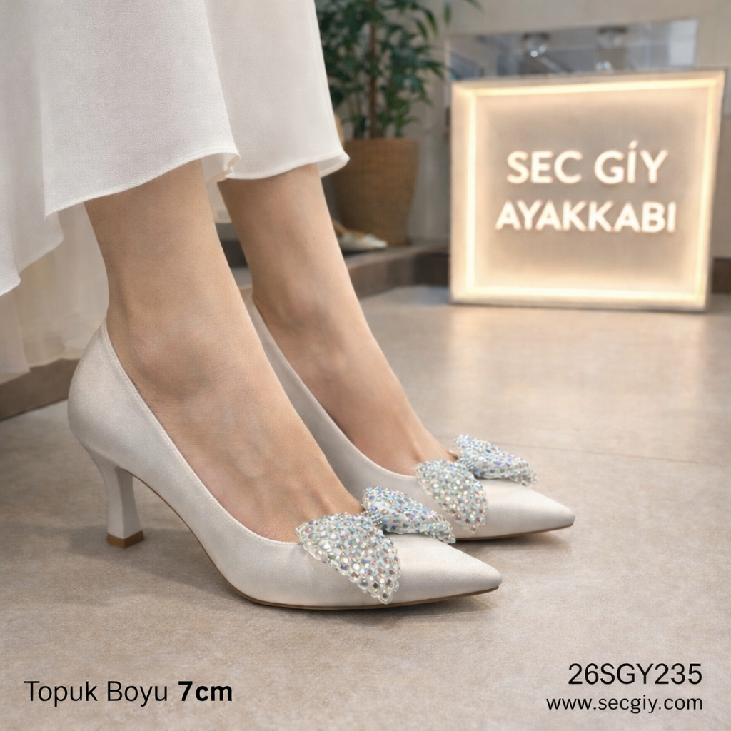 Taşlı Fiyonk Detaylı Sedef Kadın Stiletto 7 cm