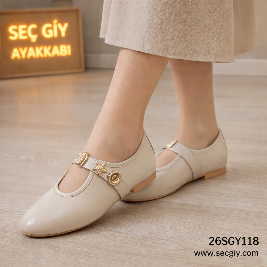 Tokalı Nude Renk Bayan Babet Ayakkabı – Günlük Rahat