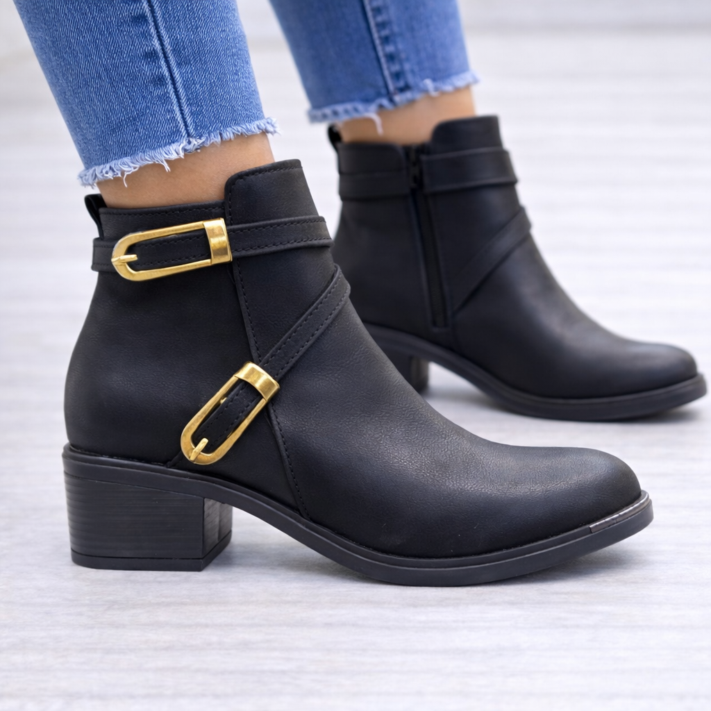 Siyah Altın Tokalı Kadın Bilek Botu Orta Topuk Oval Burun