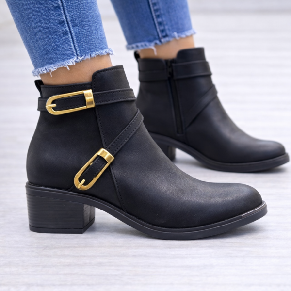 Siyah Altın Tokalı Kadın Bilek Botu Orta Topuk Oval Burun