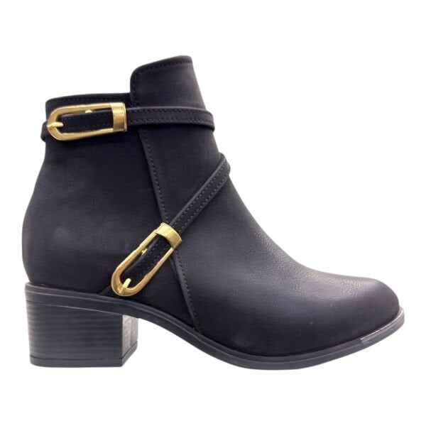 Siyah Altın Tokalı Kadın Bilek Botu Orta Topuk Oval Burun