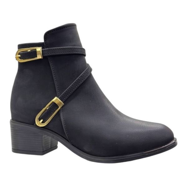 Siyah Altın Tokalı Kadın Bilek Botu Orta Topuk Oval Burun